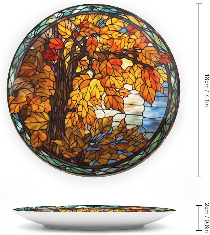Autumn Decorative Plates, Stained Glass Design Autumn Tree Display Plate for Home Office Kitchen Table Decor Porcelain Plates 7 Inch, Thanksgiving Gifts