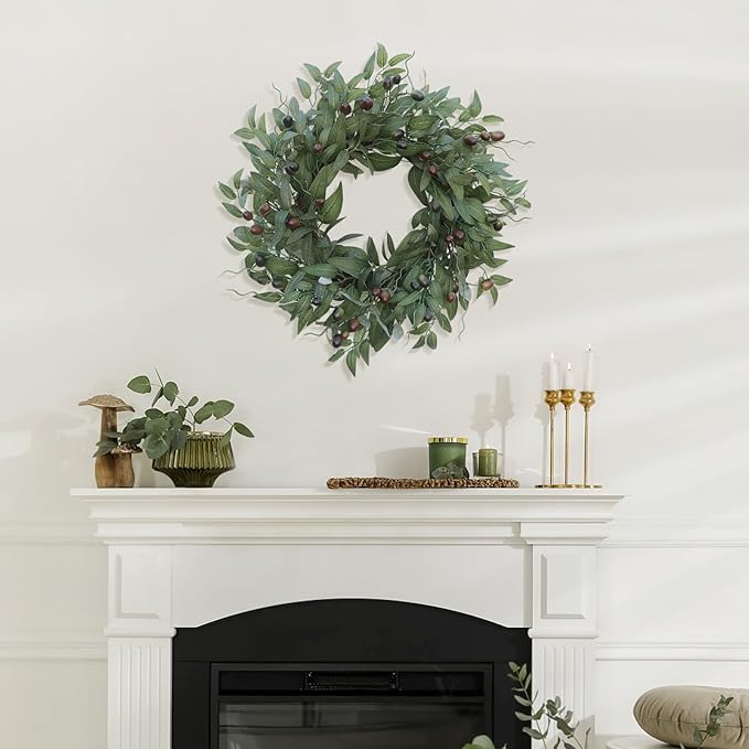 Olive Wreaths 20 Inch Wreath for Front Door with Purely Handmade Realistic Dense Olive Leaf Olive Berry, Elegant Home Decor Wreath Ideal for Front Doors, Hallways, Any Area You Want to Brighten