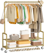 MISSLO Heavy Duty Clothes Rack with Shelves 46.5" Large Rolling Clothing Racks for Hanging Clothes, Garment, Coat, Gold