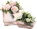 Short Glass Vases, Set of 2 Pink Glass Vases for Tulips, Ribbed Vase for Flowers, Modern Small Vase for Living Room, Dining Room, Bathroom, Desk, Shelf, Wedding, Office