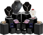 Jetec 12 Pcs Hexagonal Jewelry Display Risers Hexagonal Market Display Risers Stands Acrylic Showcase Acrylic Stand for Jewelry Model Figures Decoration, 6 Sizes (Black)