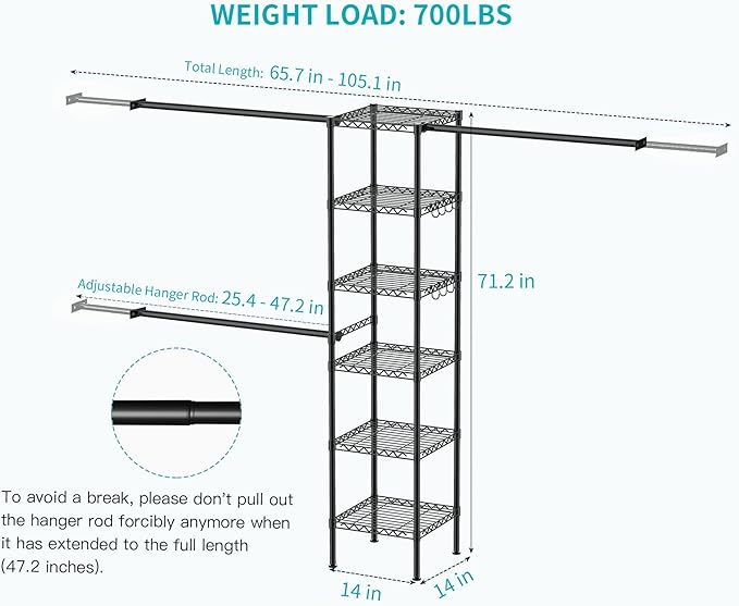 Ulif M1 Closet Storage Organizer System, 6 Tiers Heavy Duty Metal Garment Rack with 3 Expandable Hanger Rods, Wall Mounted Space Saver Suits from 5.4-8.7 ft. Width, 71.2”H x 14”D, 700LBS, Black