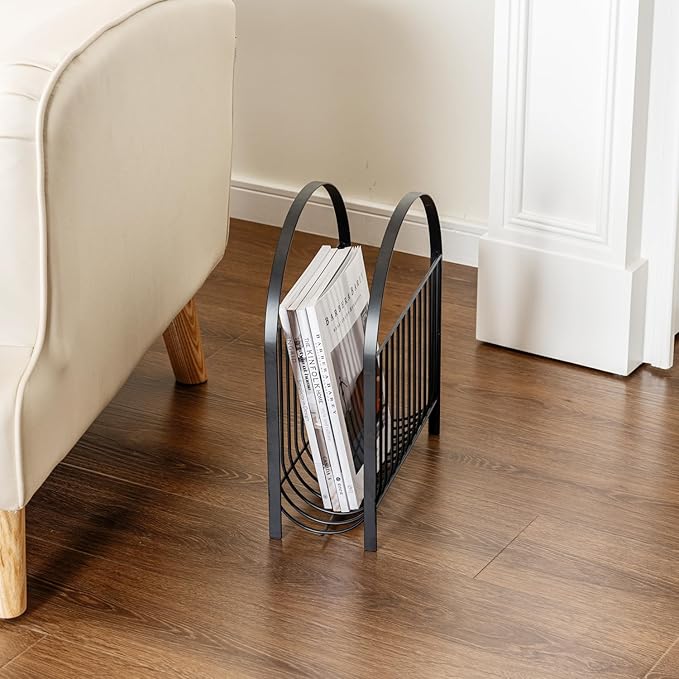 MyGift Deluxe Mid Century Metal Wire Magazine Rack in Matte Black Finish, Tabletop or Floor Standing Sling Basket for Magazines and Newspapers