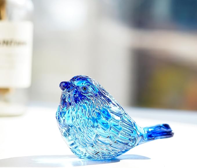 H&D HYALINE & DORA Blue Glass Bird Figurines Bird Gifts for Bird Lovers Women Crystal Glass Animal Figurine Collectible for Home Shelf Decor