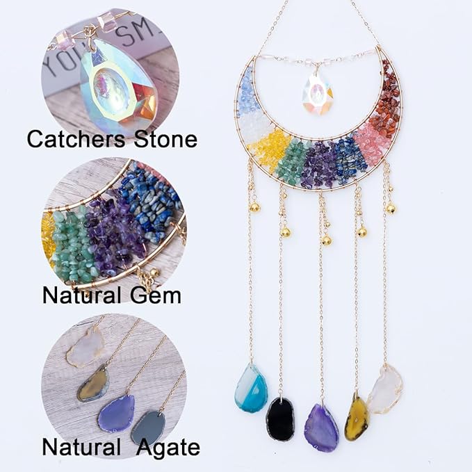 Crystal Stone Agate Ornament Natural Gem Tree of Life Moon Dream Catchers with Crystal 7 Chakra Gemstone Rainbow Catchers Color Natural Gem Agate Wall Hangings Room Dreamcatcher Decor (Multicolor)