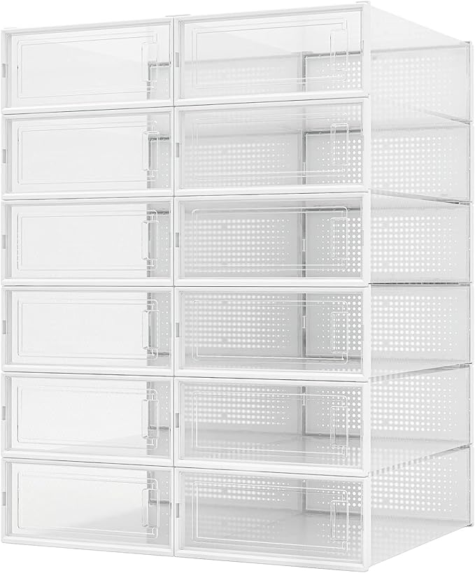 PARANTA 12-Piece Boot and Shoe Storage Box, Stackable Clear Plastic Shoe Box, Space-Saving Shoe Organizer for Boots, Sneakers, and High Heels, Clear