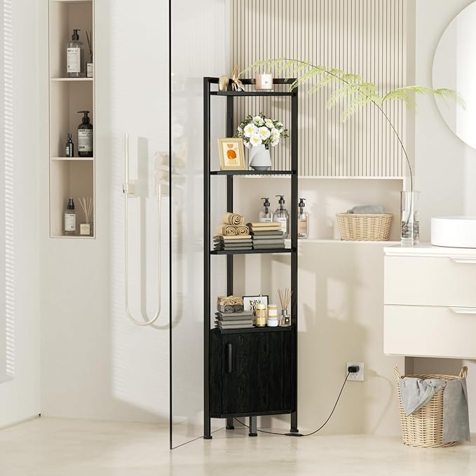 Furnulem Corner Shelf,5-Tier Corner Cabinet with Storage and LED Light, 62.8” Standing Display Bookshelf for Bedroom, Living Room, Kitchen, Wood Display Shelf (Black Oak) | with Storage