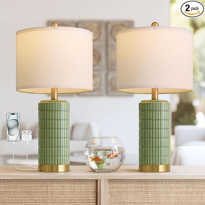 PoKat Bedside Table Lamps Set of 2 for Living Room with 2 USB Ports, 21.5'' Small Modern Nightstand Lamps for Bedroom, Ceramic Side Table Lamps with Gold Base for Office Entryway Decor Gift (Green)