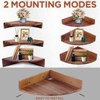 Demigo Corner Shelf Wall Mount Set of 3, Solid Acacia Wood Round Floating Corner Shelves for Storage and Display, Hanging Wood Shelves for Bedroom, Kitchen, Living Room, Bathroom (Brown)