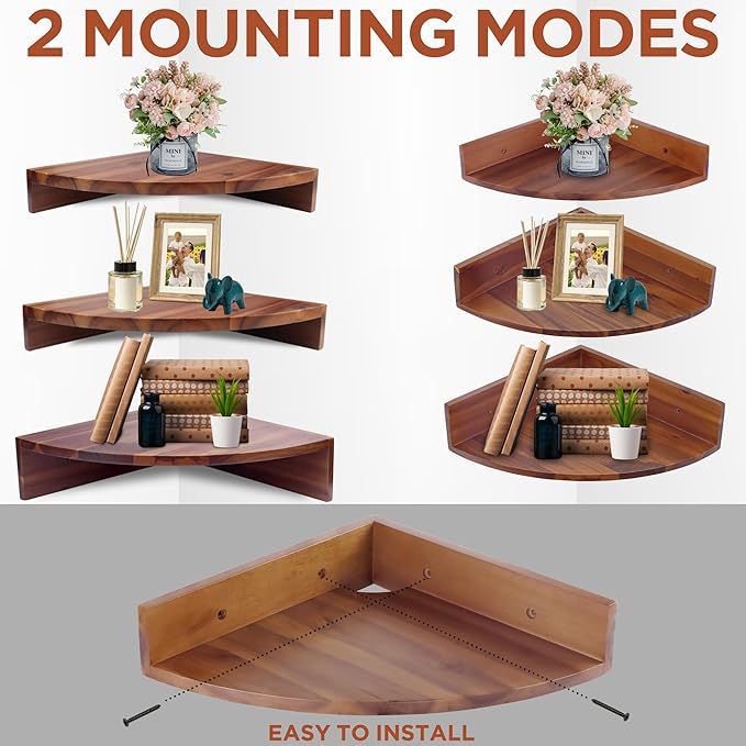 Demigo Corner Shelf Wall Mount Set of 3, Solid Acacia Wood Round Floating Corner Shelves for Storage and Display, Hanging Wood Shelves for Bedroom, Kitchen, Living Room, Bathroom (Brown)