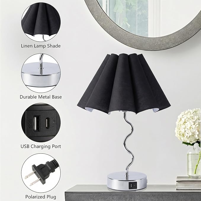 EOEYYOYB Pleated Table Lamp, Table Lamp for Bedroom, Bedside Lamps for Nightstand with Linen Lampshade, Modern Lamp for Bedroom Home Office Decor, Chrome