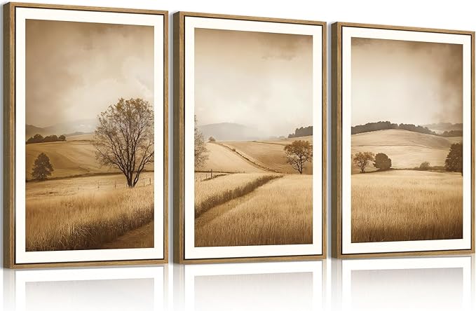 BINCUE Framed Countryside Wall Art Rustic Village Wall Decor Farmhouse Landscape Art Print Nature Countryside Artwork Rustic Landscape Wall Pictures for Living Room Bedroom Office Farmhouse 16x24 Inches Set of 3 Gift