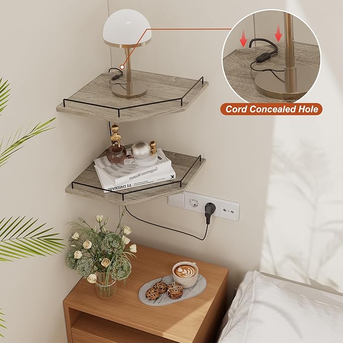 JJL Corner Shelf Wall Mounted, 12 Inches 2-Tier Floating Corner Shelf, Hexagon Rustic Wood Decor with Fence, Gray Wood Grain Wall Shelves for Apartment Bedroom Kitchen Bathroom