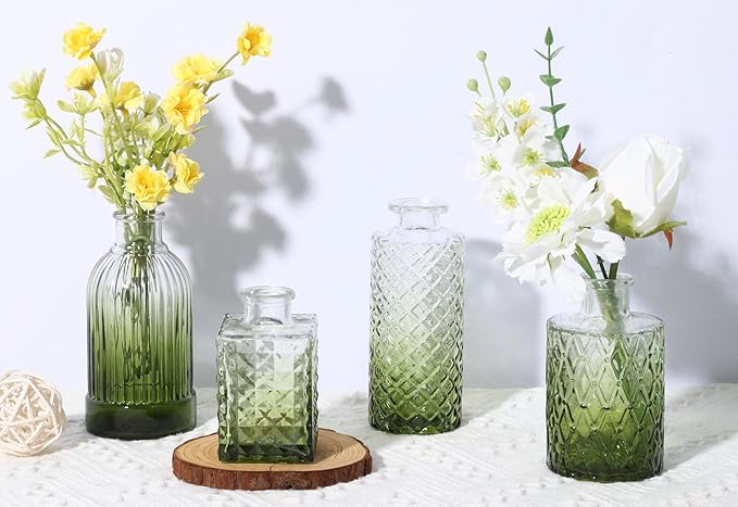 12 Pack Green Glass Bud Vase Set, Small Vintage Vases for Centerpieces, Decorative Flower Vases for Wedding Home Table Decor