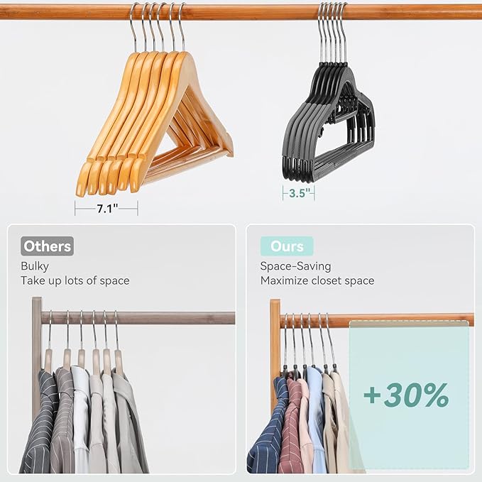 30 Pack Non-Slip Clothes Hangers with Tie Rack, Thin Space-Saving Coat Hangers – Heavy Duty Plastic Clothes Hangers for Suit, Shirts, Pants, Dorms & Home Organization, Black and Dark Gray