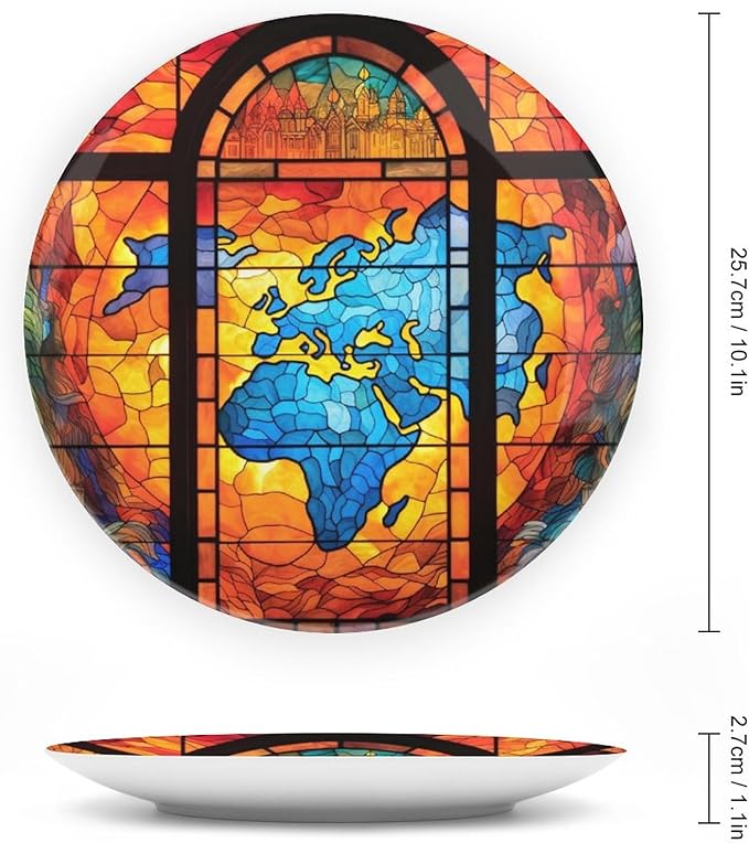 Decorative Plates, Old Globe Map Stained Glass Print Display Plate for Home Office Kitchen Table Decor Porcelain Plates 10 Inch, Gifts for Adventure Lover Wanderlust