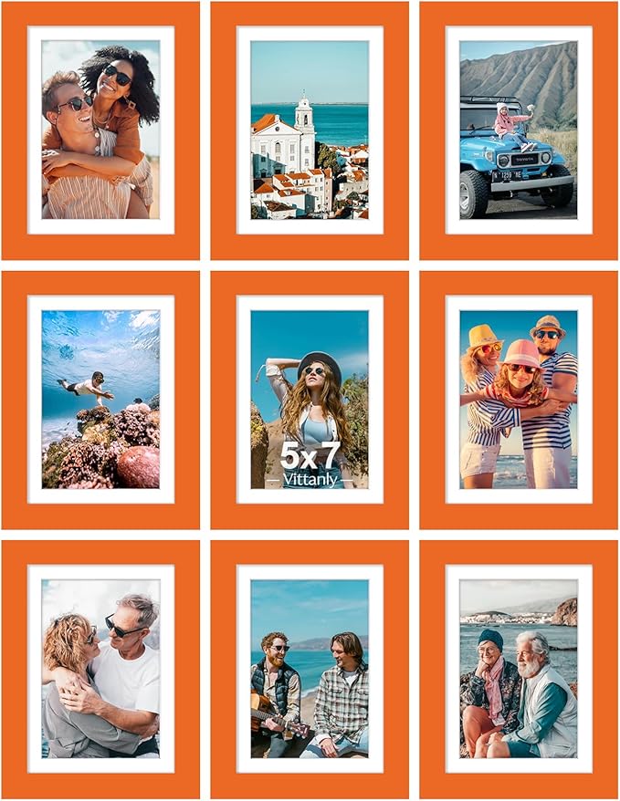 Vittanly 5x7 Picture Frames Set of 9, Shatter Resistant Plexiglass, Display 4x6 Pictures with Mat or 5x7 without Mat, Photo Frames for Wall or Tabletop, Engineered Wood, Orange