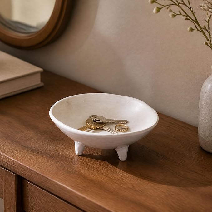 6" Small Decorative Bowl, Multi-Purpose Decorative Bowls for Keys, Candy and Home Decor, Ceramic Bowl （Retro White）