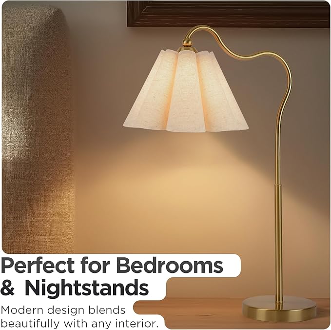 Table Lamp with Beige Pleated Linen Shade, Curved Gold Metal Base, E26 Socket – 23" Tall Modern Bedside Desk Lamp for Bedroom, Living Room, Office – Bulb Not Included