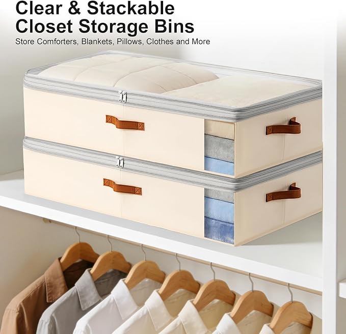 Under Bed Storage Bins - 98L Height-adjustable Under Bed Storage Containers, Compression Blanket Storage Comforter Storage Sweater Storage, Clothes Storage Bins With Clear Window, 3 Pack Beige