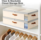 Under Bed Storage Bins - 98L Height-adjustable Under Bed Storage Containers, Compression Blanket Storage Comforter Storage Sweater Storage, Clothes Storage Bins With Clear Window, 2 Pack Beige