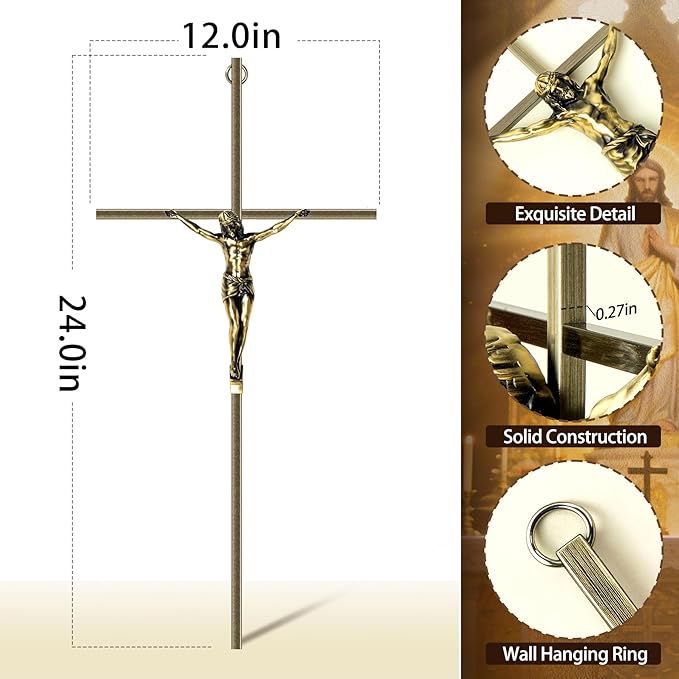 KUXBET Catholic Crucifix Wall Cross, 24.5 inch Metal Jesus Christ Cross, Handmade Hanging Wall Décor for Home, Religious Devout Give Faith Gift (24.5inch, Vintage)