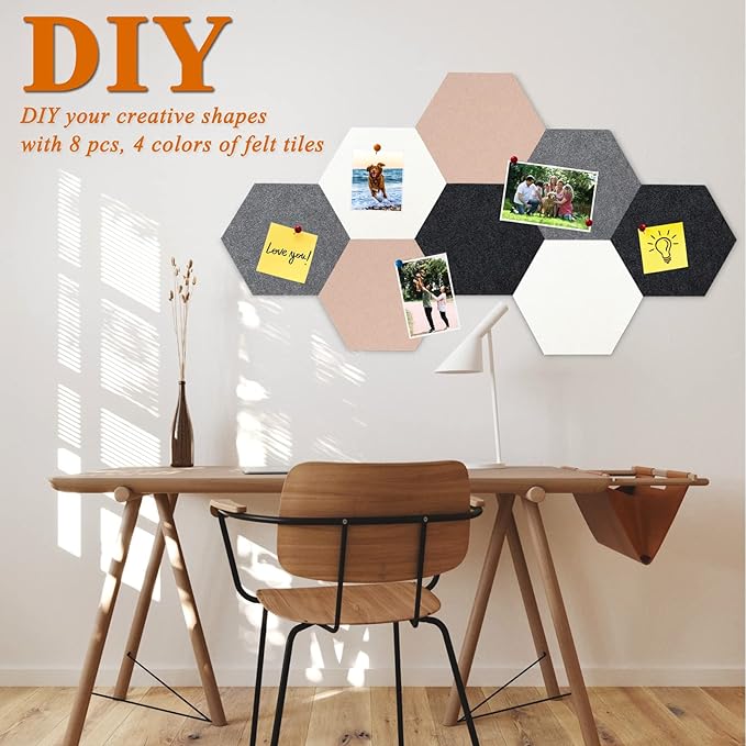 8Pcs Hexagon Felt Cork Board Tiles, Self Adhesive DIY Bulletin Board Pin Board for Office School Home Wall Decor Stickers Memos Photos Display (Camel & Grey)