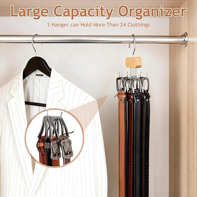 3 Pack Belt Hanger for Closet Organizer, 2026 Upgraded Tie Hangers for Space Saving & Storage, 360° Rotatable & Foldable Hooks, Large Capacity Rack for Tank Top, Bra, Purse (Natural)