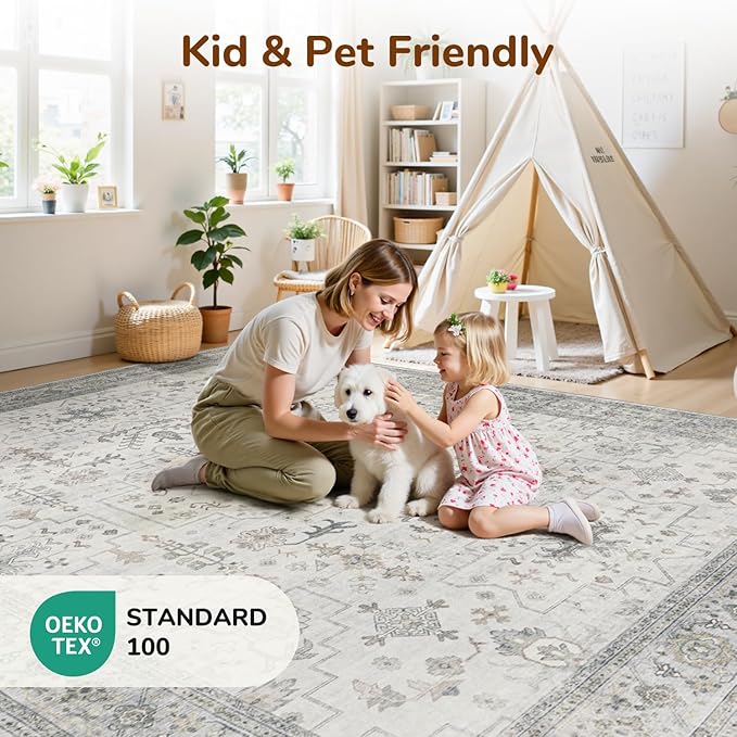Lessymo Washable Rugs for Living Room, 9x12 Large Area Rug for Bedroom Dining Home Office, Soft Non-Slip Vintage Geometric Oushak Carpet, Boho Neutral Farmhouse Decor, Taupe Grey
