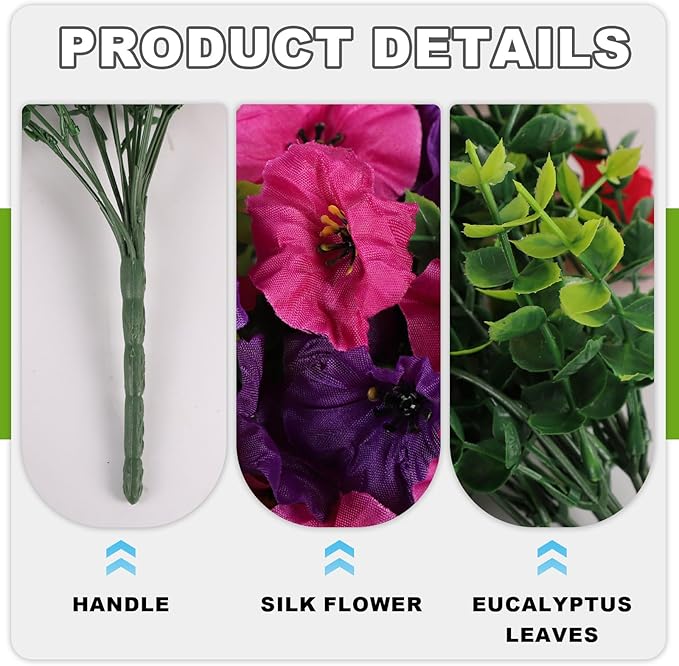 Fake Artificial Hanging Flowers for Outdoor, 2 PCS Silk Morning Glory Faux Flowers with Eucalyptus Leaves,Realistic Hanging Plants for Wedding Home Office Garden Decor