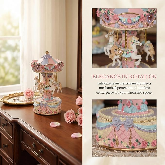 Vintage Carousel Horse Music Box - Rotating Horse Musical Figurine Carrusel De Navidad, Ideal Birthday, Christmas, Valentine's Day Gift for Girls, Women, Girlfriend, Mom Home Décor & Gift(Pink)
