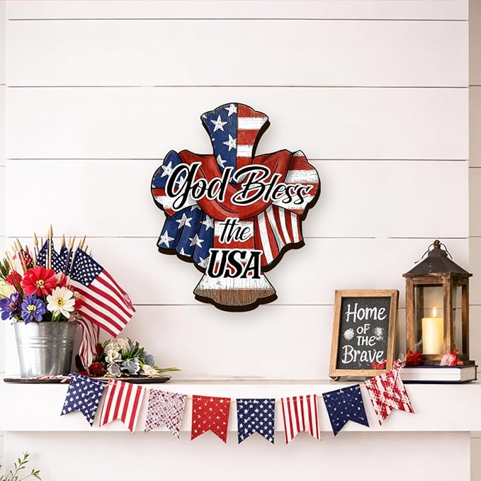 Wooden 4th of July Decorations Patriotic Cross Wreath Independence Day Decorations Front Door with god Bless America Sign Welcome Memorial Day Hanging for Home Wall Decor Outdoor Indoor