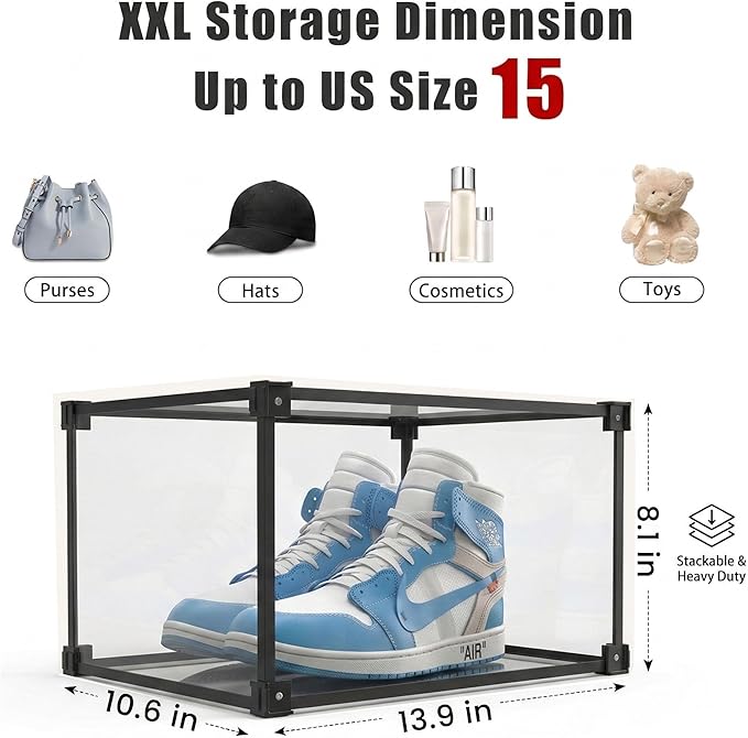 Magnetic Side Open Transparent Plastic Storage Shoe Box Clear Shoe Display Case Sneaker Shoe Storage Box Display Box Shoe Container Clear Closet Shelf Shoe Organizer (Black 4PC)