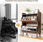 Shoe Storage Cabinet with 2 Flip Drawers, Entryway Shoe Cabinet with 2 Metal Hooks & Adjustable Shelves Freestanding Shoe Organizer Narrow Shoe Rack for Entrance Hallway Foyer Front Door,Rustic Brown