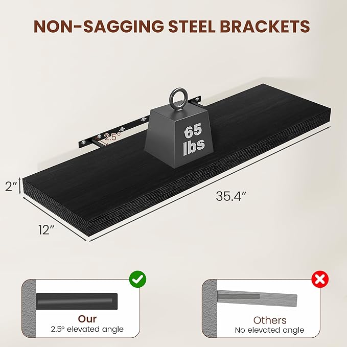 Vivelove 12" Deep Floating Shelves for Wall 36 Inches Long, 2 in Thick Wall Shelves, Shelf for Bedroom, Bathroom, Living Room, Kitchen, Office, Modern Home Decor, 36" X 12" X 2", Set of 2, Black
