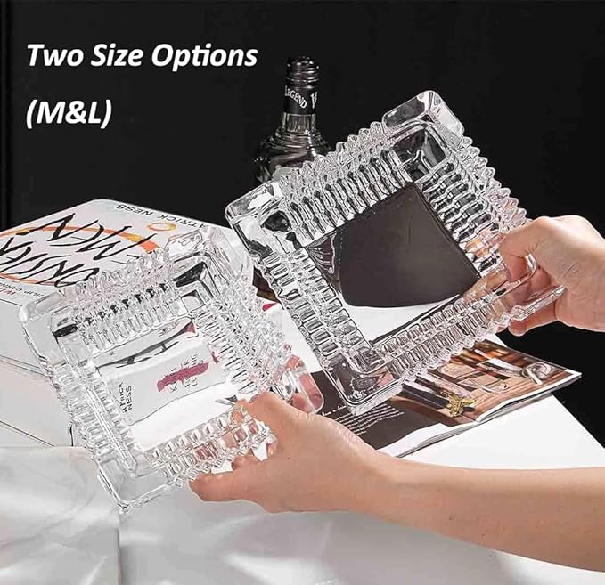 Handmade Glass Ashtray, Ashtray Ash Holder for Indoor or Outdoor Patio Desktop Office Smokers, Ash Tray for Tabletop Home Office Decor (Crystal, XL)