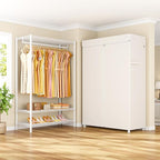 H5C Plus Clothes Rack with Cover, Portable Closet for Hanging Clothes, Covered Clothing Racks Heavy Duty, 3-Tiers Garment Rack with Shelves Max Load 370LBS White Closet Rack with White Cover