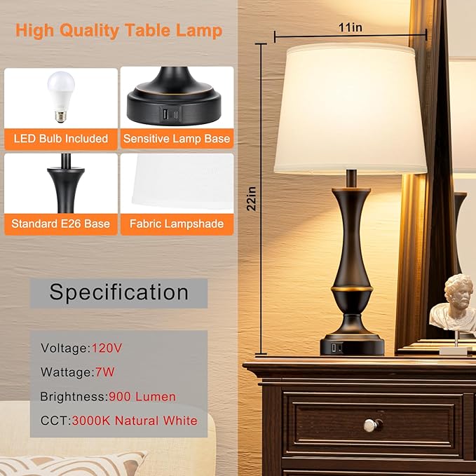 Seealle Upgraded Touch Lamps for Bedrooms Set of 2 - Nightstand Table Lamp with USB C+A, 3 Way Dimmable Lamps for Living Room, Office(White)