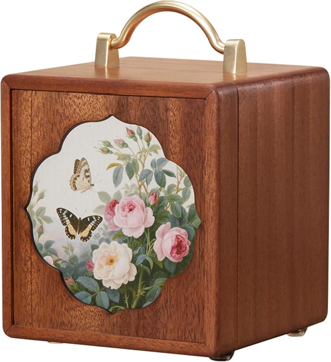 Wooden Jewelry Box for Women 4 Tier Walnut Wooden Jewelry Box with handle (Flower and butterfly prints B)