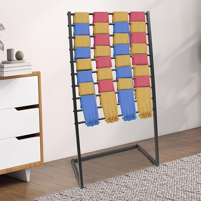 Scarf Display Stand, 10 Tier Metal Scarf Holder Organizer, Freestanding Scarf Rack, for Hanging Towels, Scarves, Clothes, Shawls, Blankets, Bandana, for Commercial Clothing Retail Store (Black)