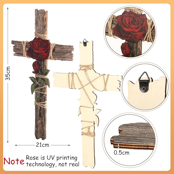 Chunful Wood Wall Cross with Hemp Rope Rose Wooden Wall Mounted Holy Cross Art Religious Home Living Room Decor Accessory for Home Decoration and Gifts