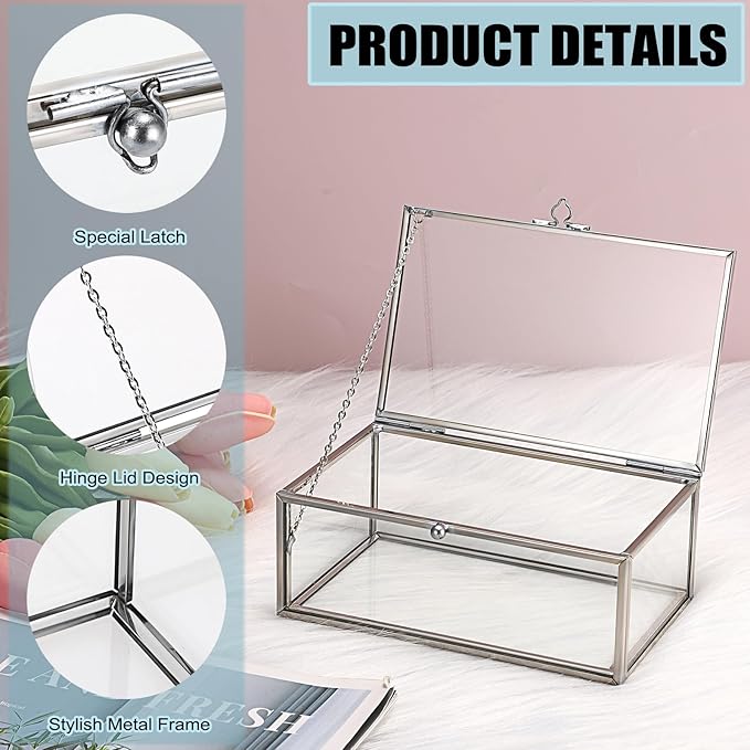 Hipiwe Vintage Glass Keepsake Box Rectangle Jewelry Display Organizer Lidded Box Home Decor Accent Decorative Box for Storage Trinket Rings Bracelet, Silver, Small
