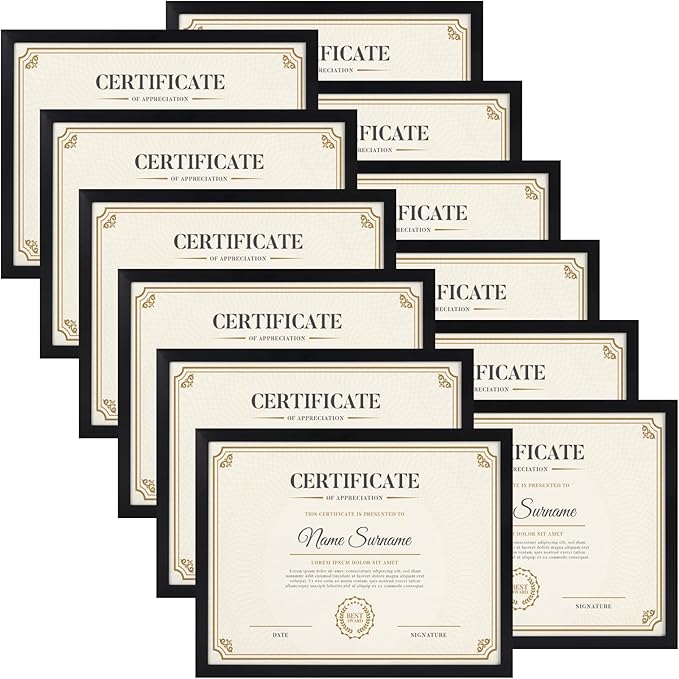 8.5x11 Black Picture Frames Set of 12, 8.5 by 11 Picture Frame for Award Certificate and Diploma Display on Wall or Tabletop