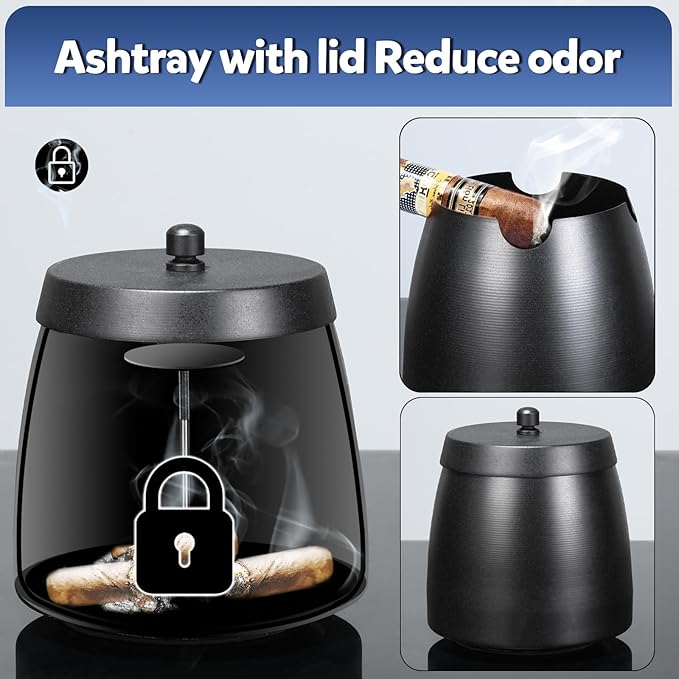 Cigar Ashtray with Lid for Outdoors Indoors Outside Patio Home Black Decor,Large Holder Ash tray Windproof,Cigar Accessories Gift for Men Dad Husband Boyfriend (Extra Large)