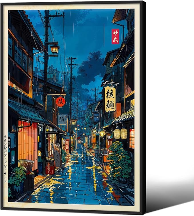 Podafu Japanese Tokyo Tea House Canvas Wall Art - Ukiyo-e Decor - 24x36in Black Framed