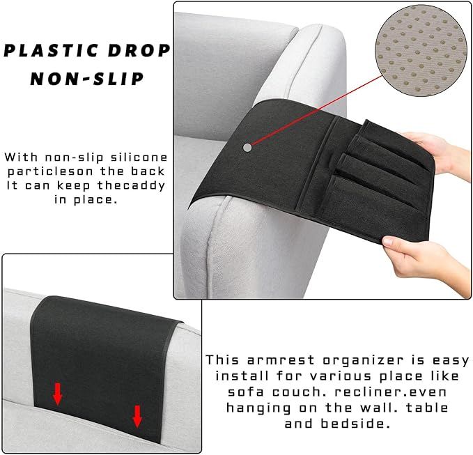 NB Sofa Armrest Organize Remote Holder Bedside Caddy Organizer With 5 Pockets，Non-Slip Couch Remote Control Holder Couch Armchair Caddy Accessories (Black, 35"X12.4")