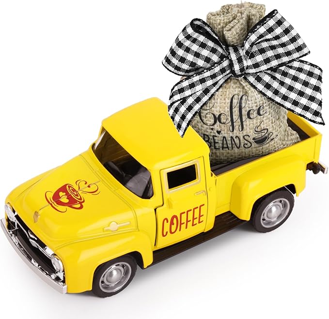 Hooqict Coffee Bar Decor Mini Metal Yellow Truck with Coffee Beans Burlap Sack for Summer Fall Home Farmhouse Kitchen Tiered Tray Decor Coffee Bar Accessories Coffee Station Decoration