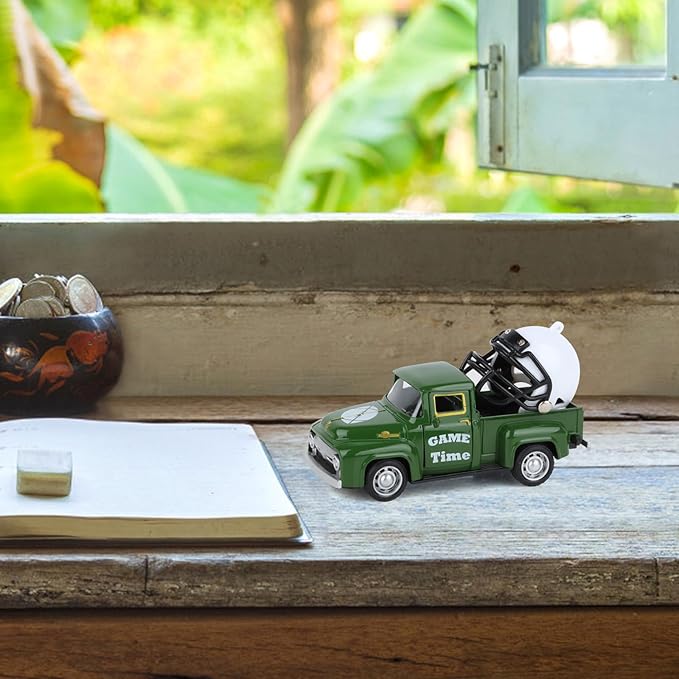 Football Metal Truck with White Football Helmet Farmhouse Vintage Green Truck Decor for Room Farm Metal Car Home Decors Mini Vintage Car Collectible Gift for Home Desk Bookshelf
