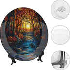Stained Glass Theme Decorative Ceramic Plate Round Porcelain Plate,8 inch,Sunset Forest Stream Pattern,for Decorative Ornaments Giving Plates, 1 Plate with 1 Display Stand,Orange Blue