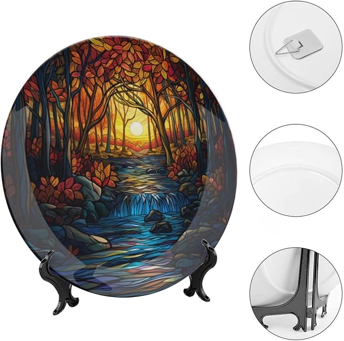 Stained Glass Theme Decorative Ceramic Plate Round Porcelain Plate,8 inch,Sunset Forest Stream Pattern,for Decorative Ornaments Giving Plates, 1 Plate with 1 Display Stand,Orange Blue